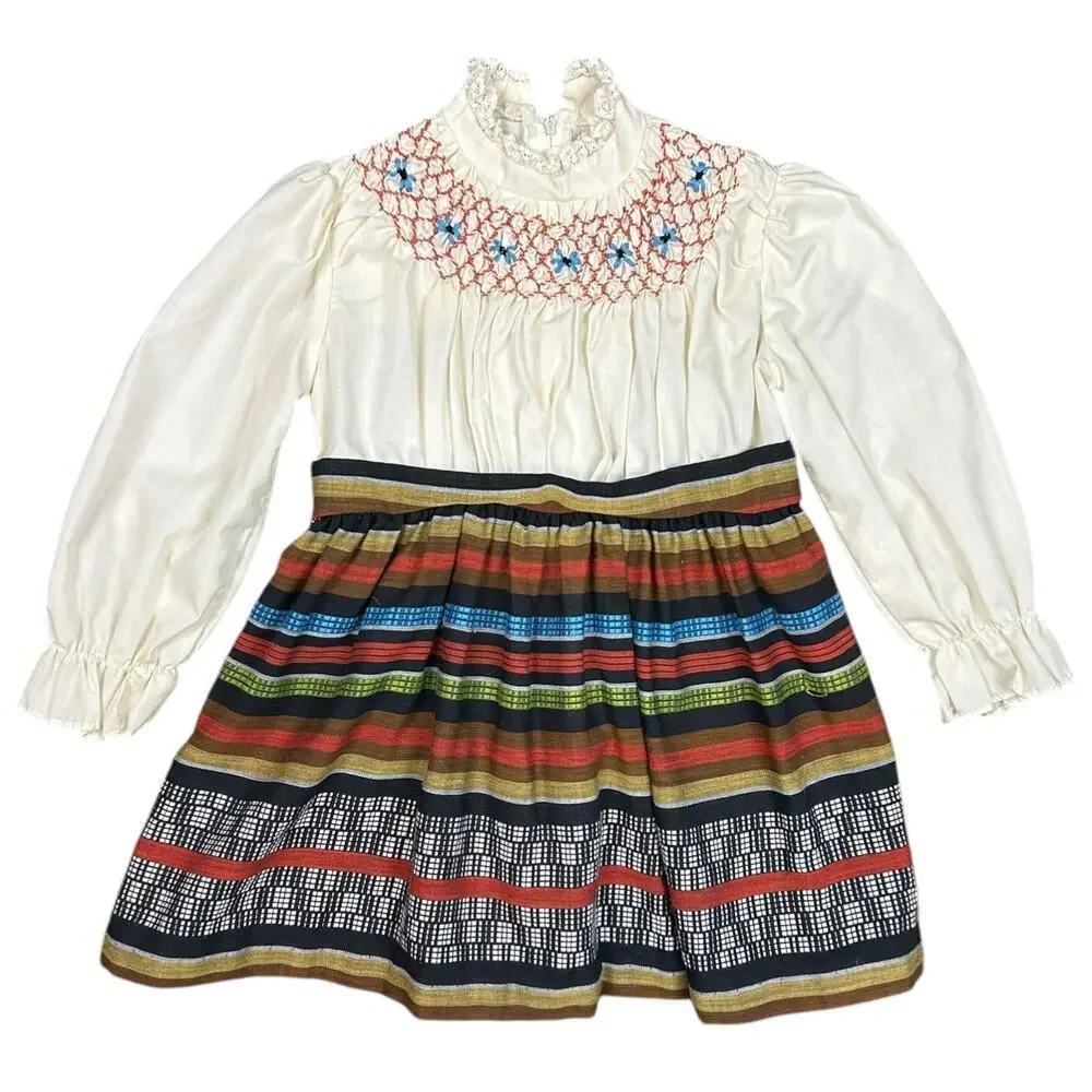 Vintage 70's Girl's Dress Smocked High Neck Serape Stripe Long Sleeve Floral